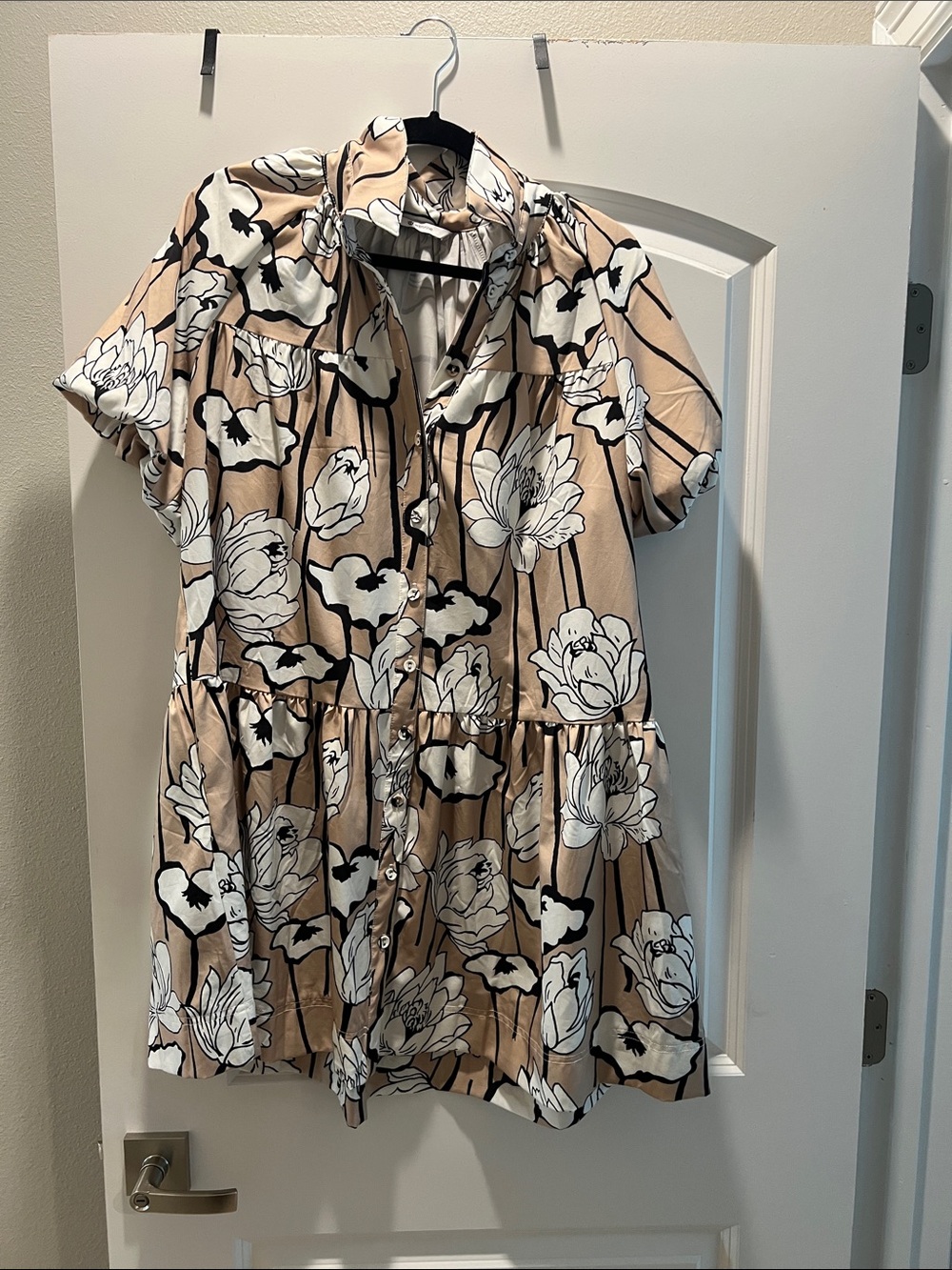 Amazon Beige Floral Button-Front Mini Dress with White and Black Print